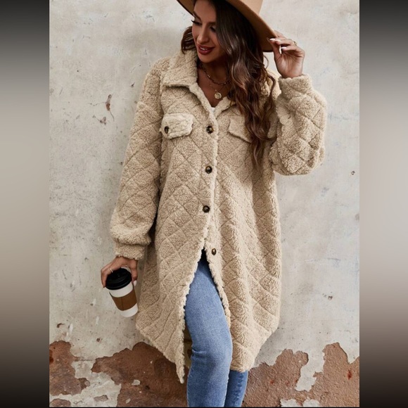 New Flap Detail Drop Shoulder Teddy Coat Shacket Button Down Long Sleeve Warm - Picture 5 of 16